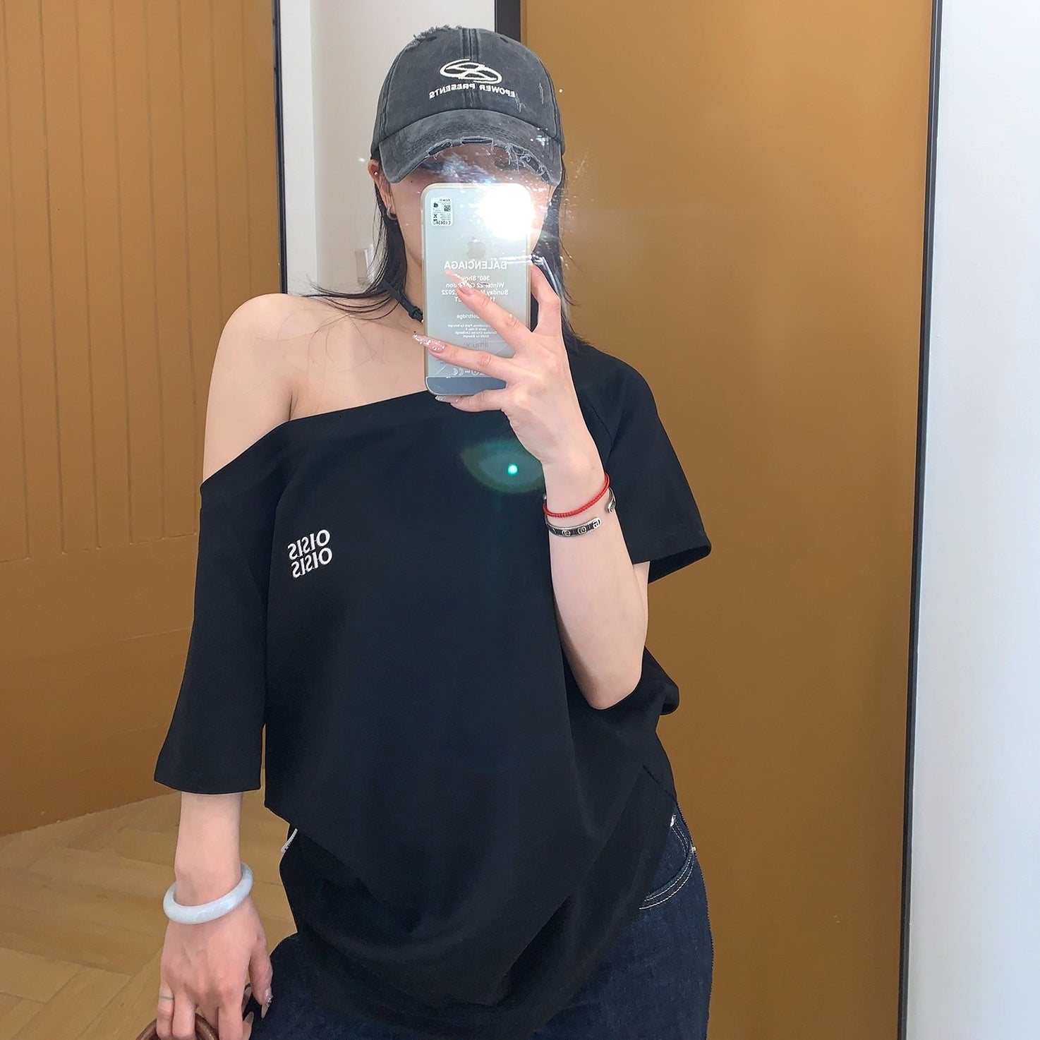 Cropped Slanted Shoulder Embroidered T-shirt OS2017