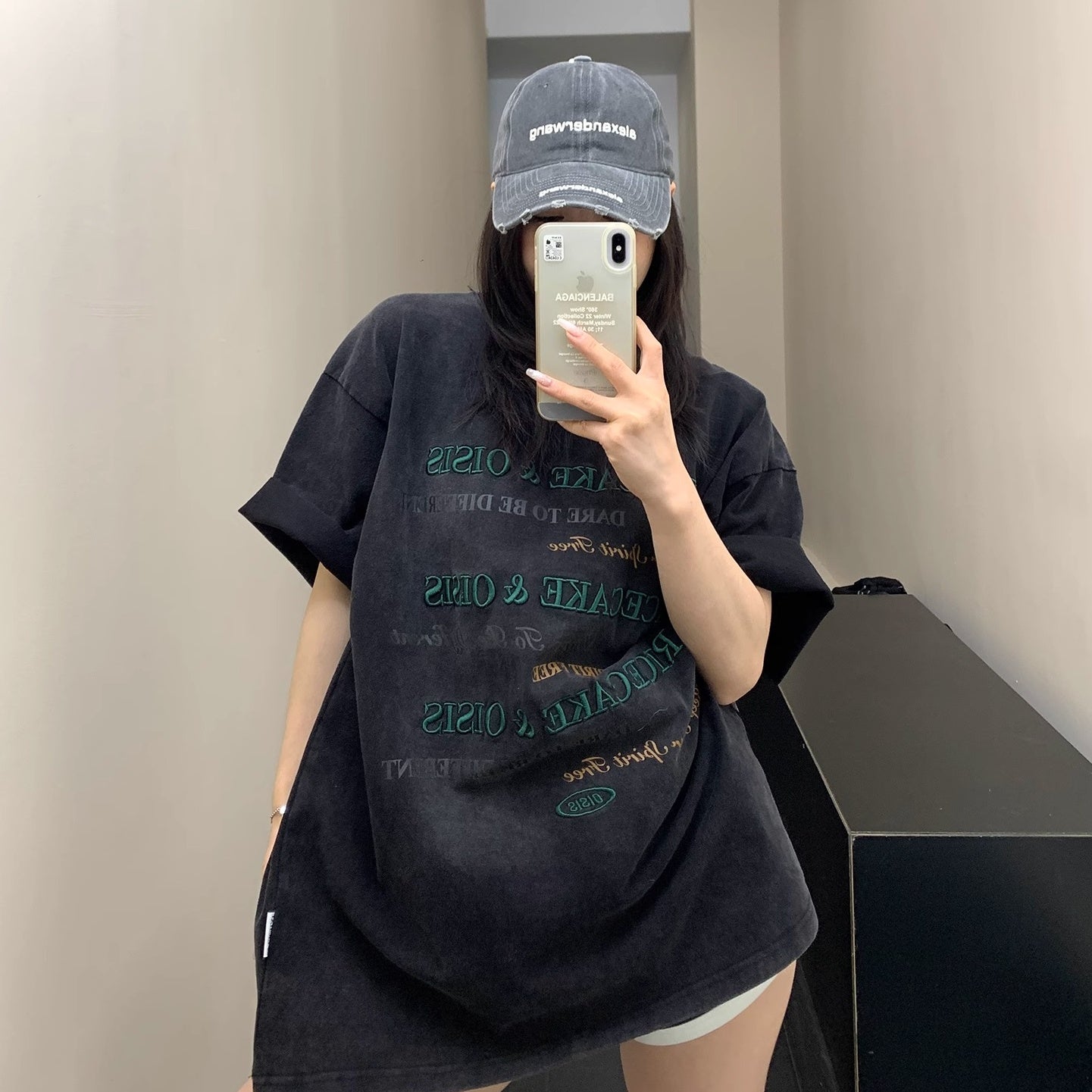 Old Letter Embroidery Loose Washed T-shirt OS2010