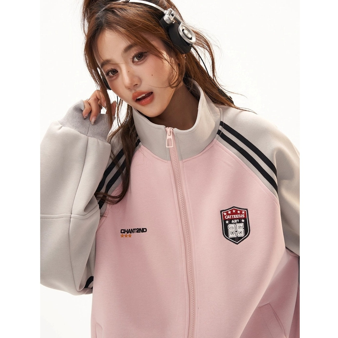 Stand-Collar Raglan Color-blocked Sweat Jacket CA7010