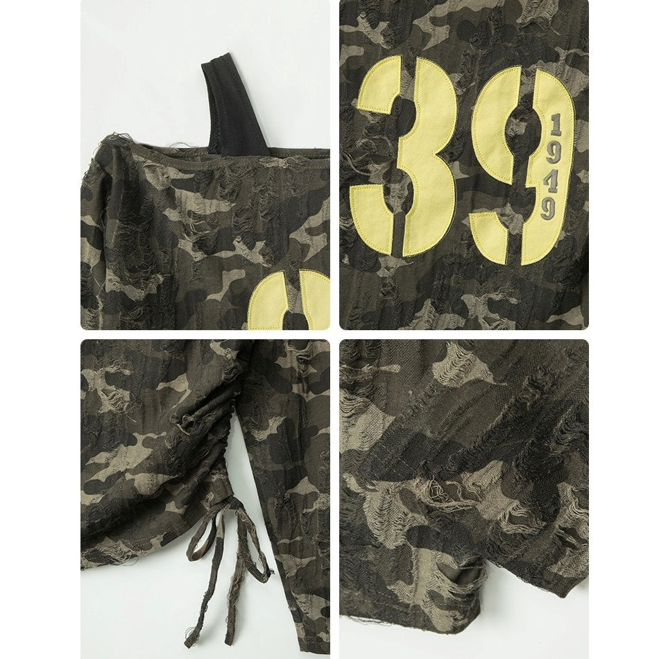 Camouflage Off-the-Shoulder Long Sleeve T-Shirt NR7005