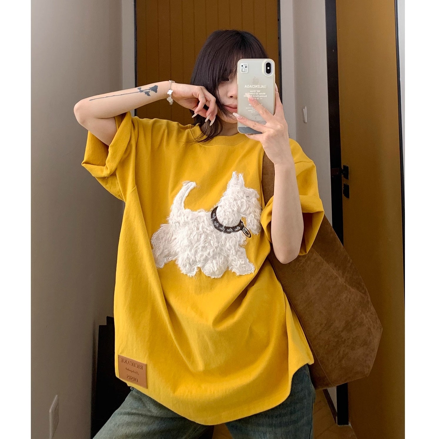 Cartoon Plush Dog Embroidery Loose T-shirt OS2007