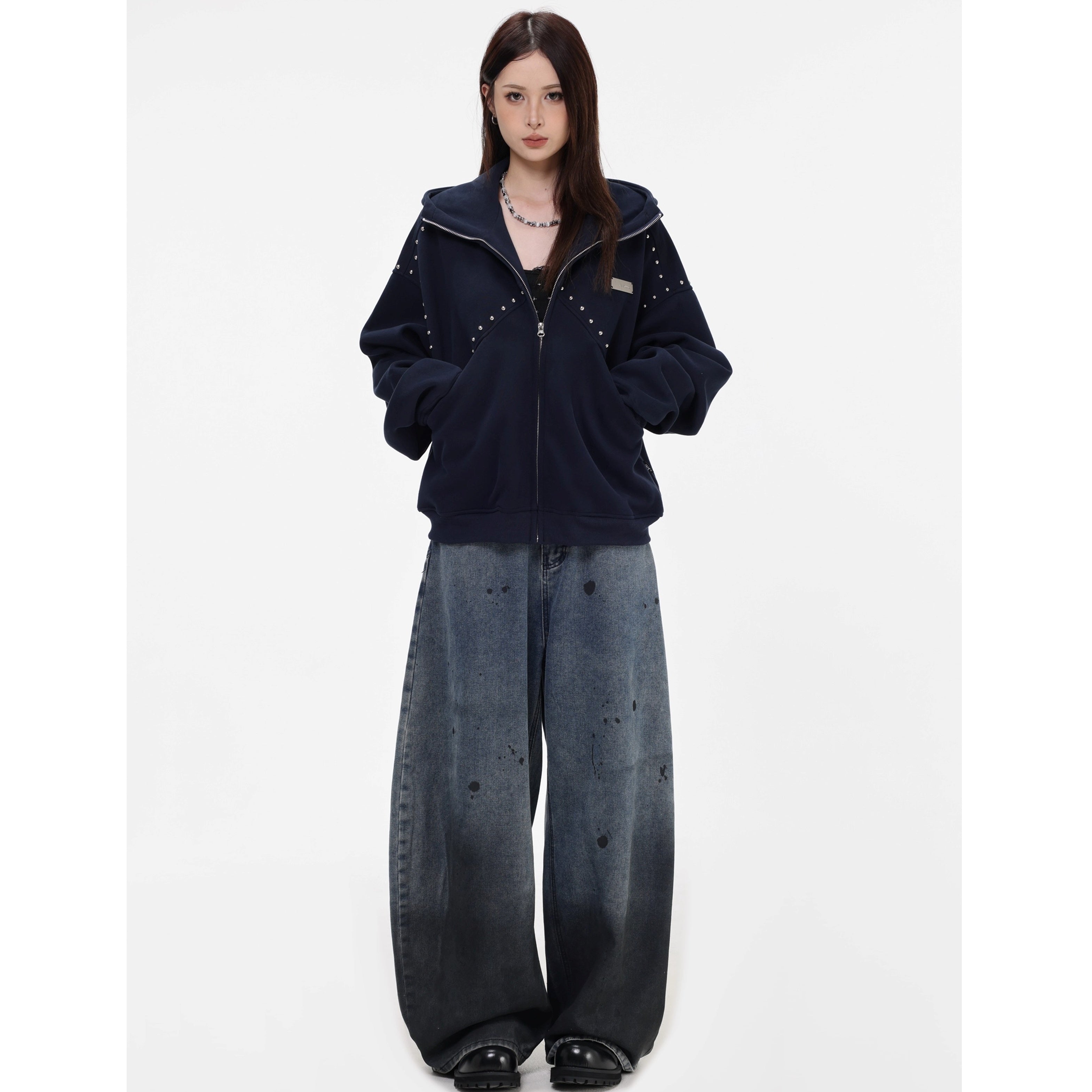 Stitched Rivet Zipper Hooded Jacket IN7016