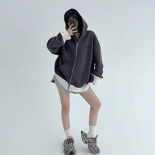 Contrast Embroidery Zip Hooded Jacket OS2043