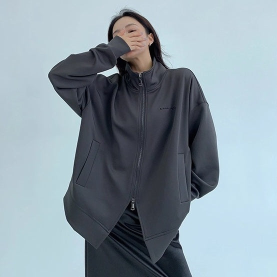 Double Zipper Stand Collar Loose Jacket OS2041