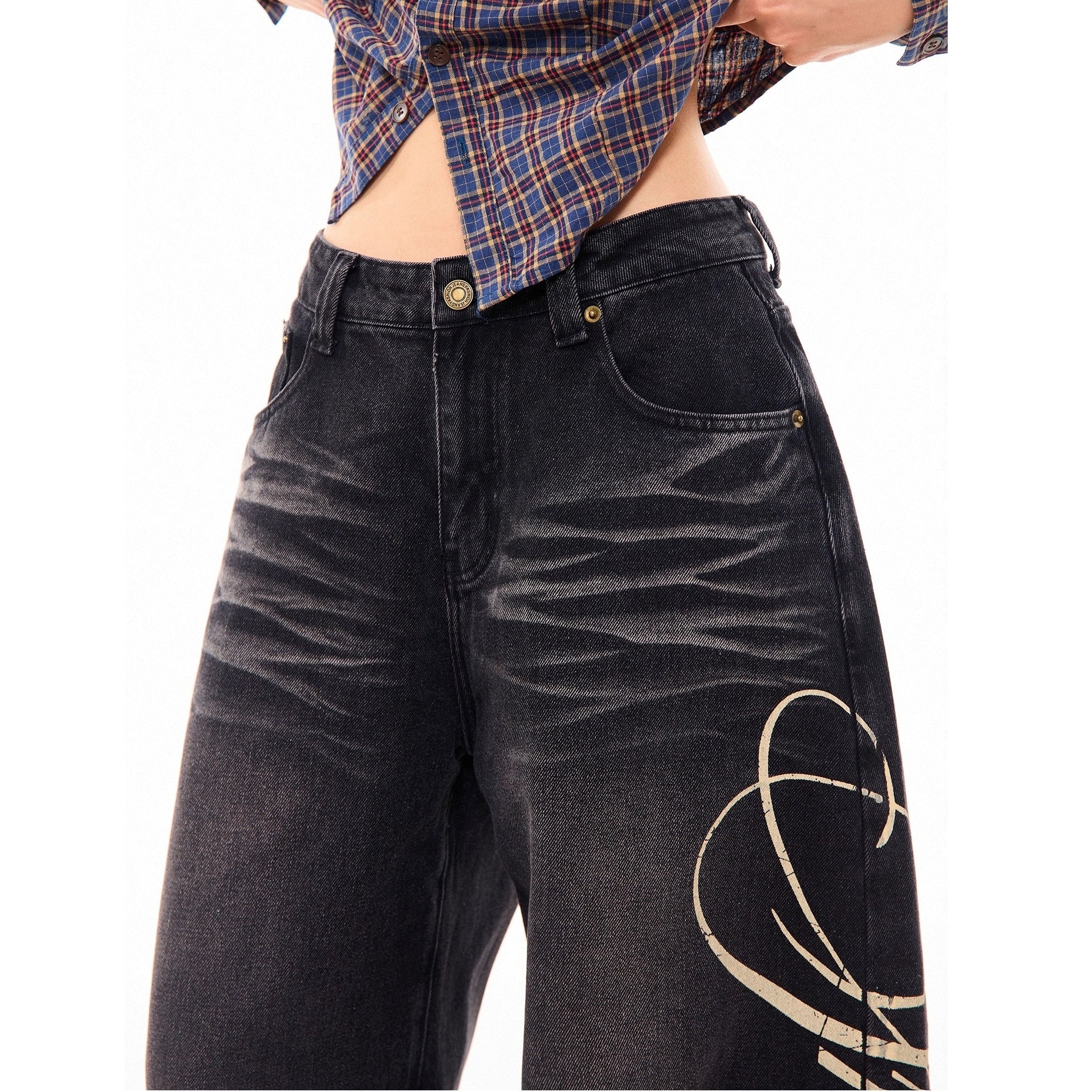 Side Print Washed Cat Whiskers Curve Jeans MW10259