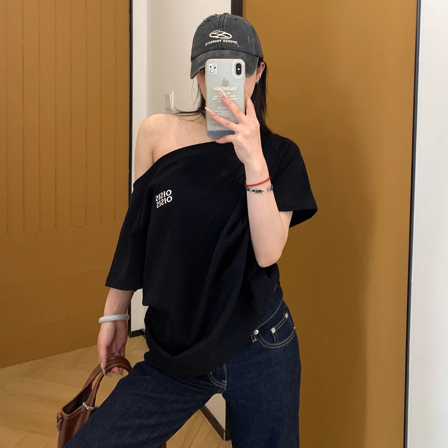 Cropped Slanted Shoulder Embroidered T-shirt OS2017