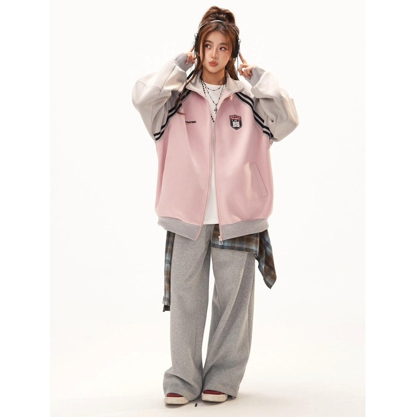 Stand-Collar Raglan Color-blocked Sweat Jacket CA7010
