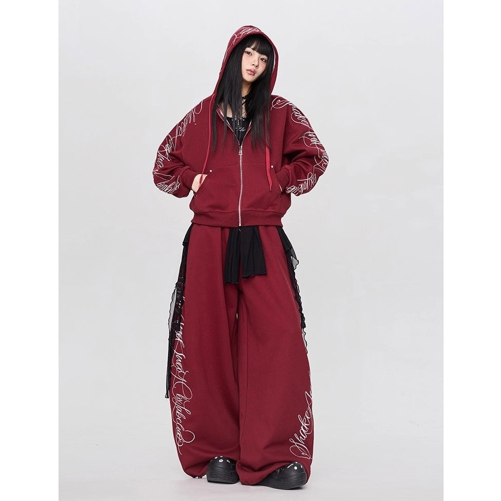 【上下別売り】Gothic Letter Embroidery Hooded Sweat Parka & Pants Set-up CB1001