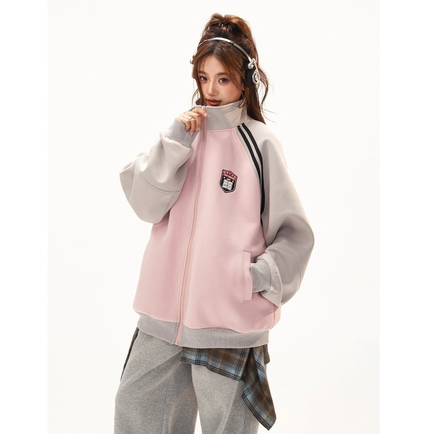 Stand-Collar Raglan Color-blocked Sweat Jacket CA7010
