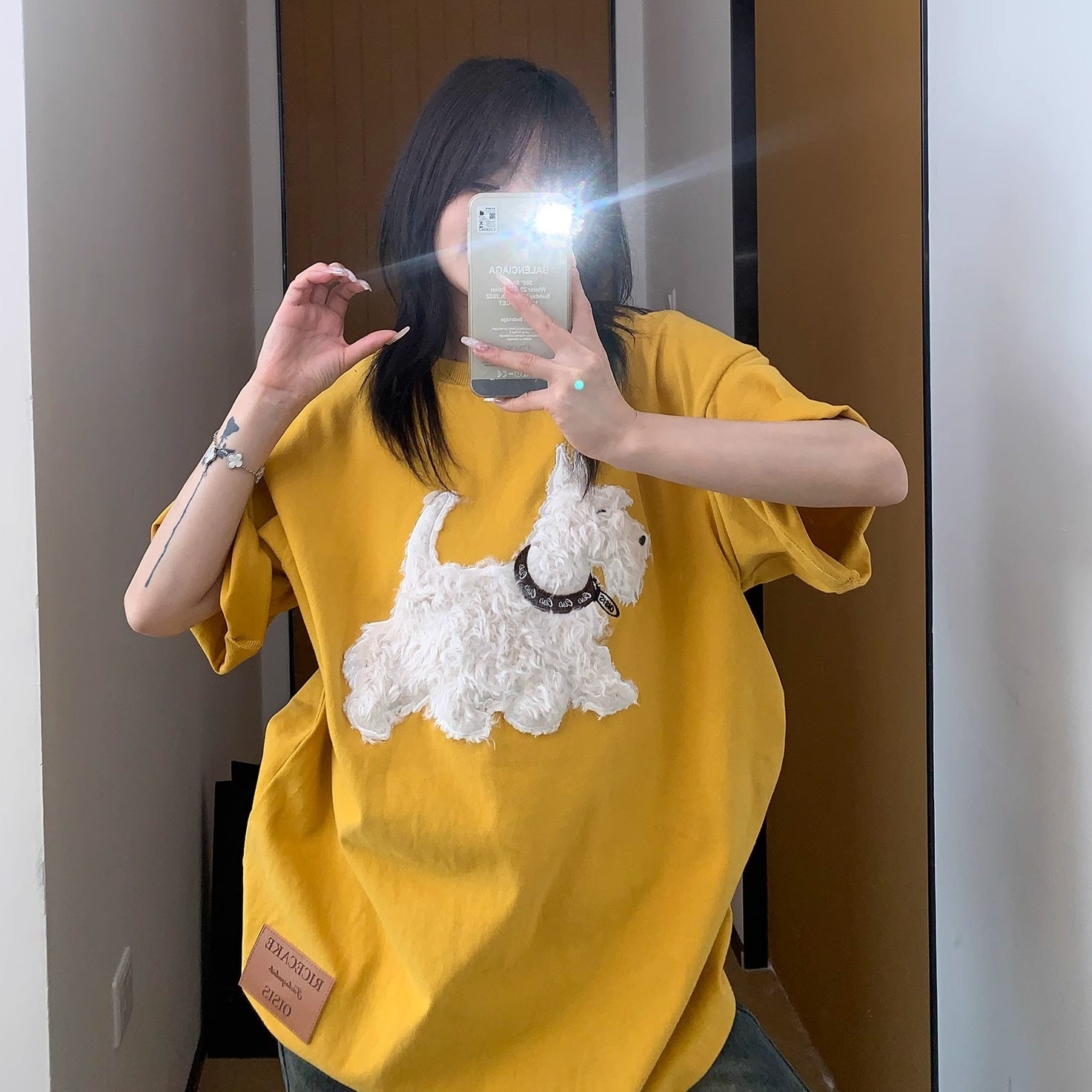 Cartoon Plush Dog Embroidery Loose T-shirt OS2007