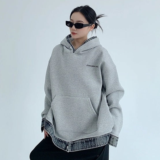 Contrasting Splicing Denim Hooded Sweat OS2056
