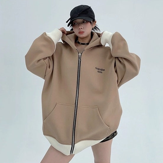 Contrast Embroidery Zip Hooded Jacket OS2043