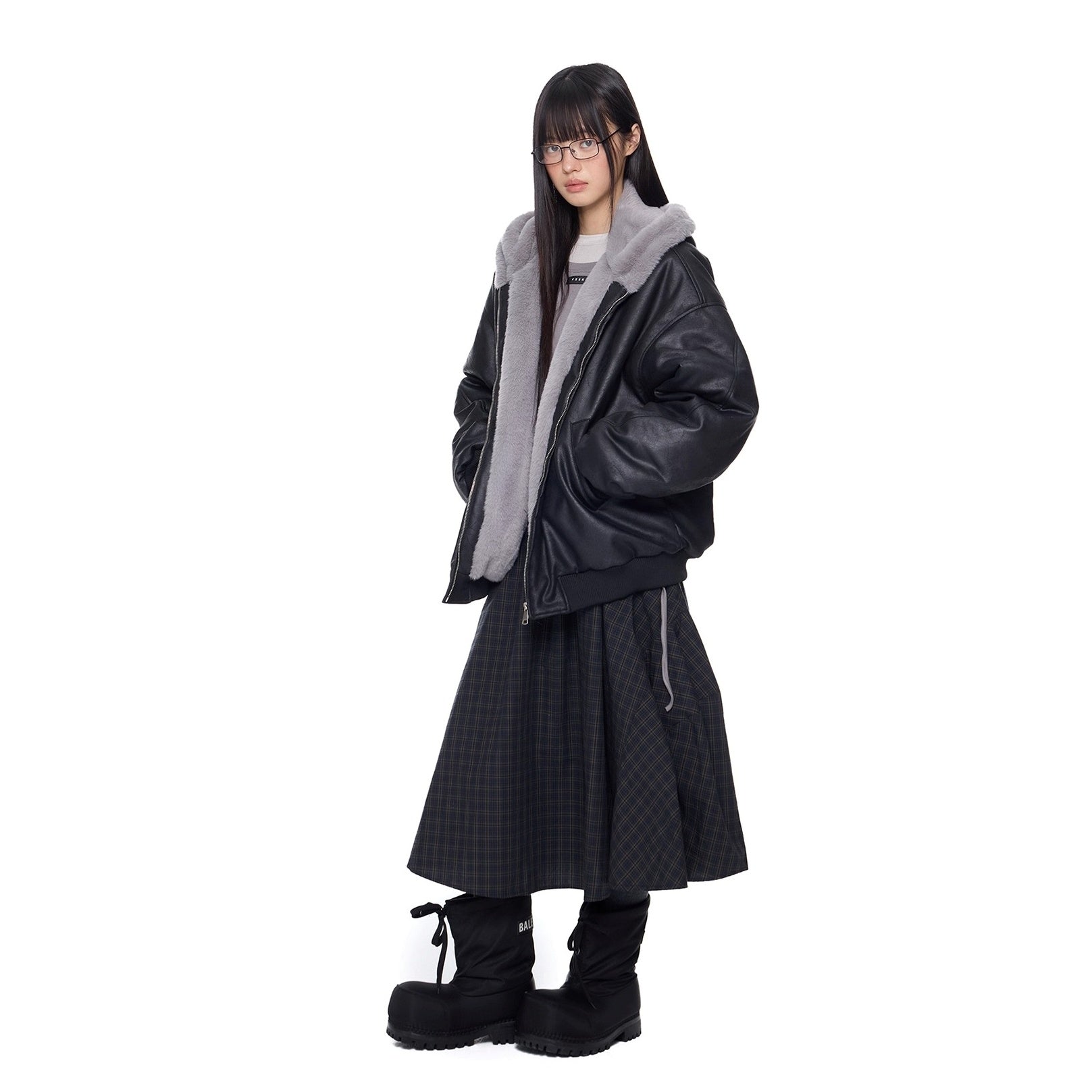 Furry Hooded PU Leather Loose Jacket EZ288