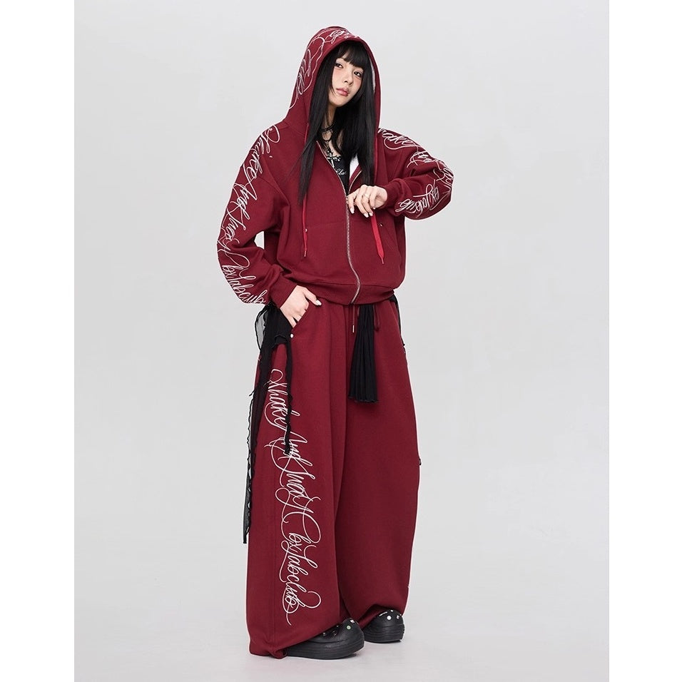 【上下別売り】Gothic Letter Embroidery Hooded Sweat Parka & Pants Set-up CB1001