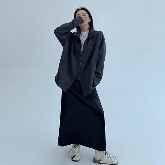 Double Zipper Stand Collar Loose Jacket OS2041