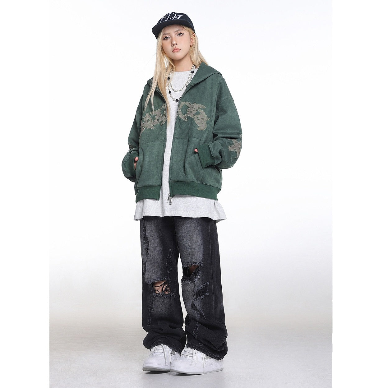 Embroidered Zipper Suede-Like Sweat Parka MW10391