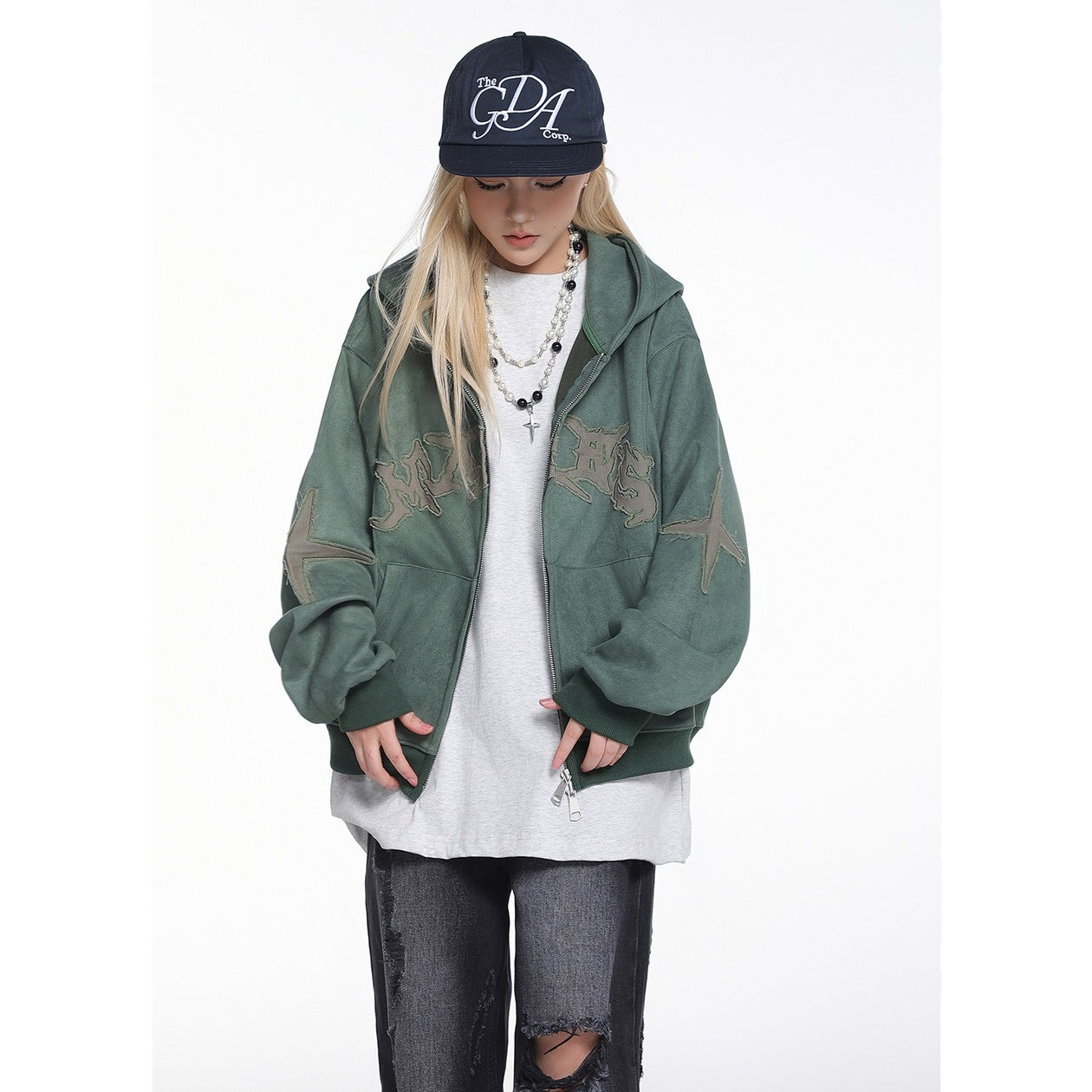 Embroidered Zipper Suede-Like Sweat Parka MW10391