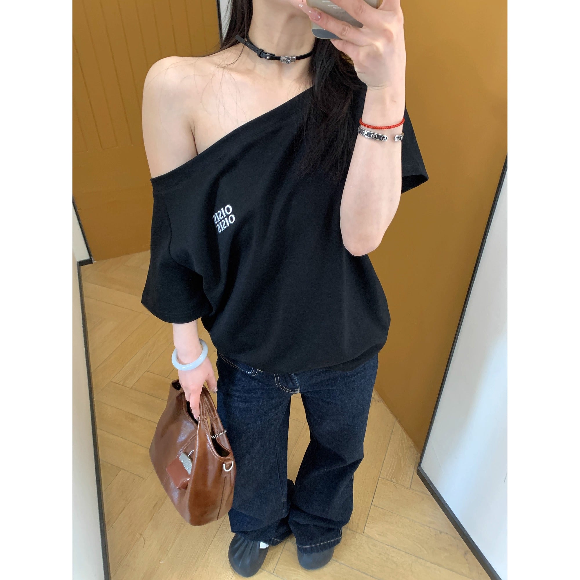 Cropped Slanted Shoulder Embroidered T-shirt OS2017