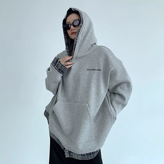 Contrasting Splicing Denim Hooded Sweat OS2056