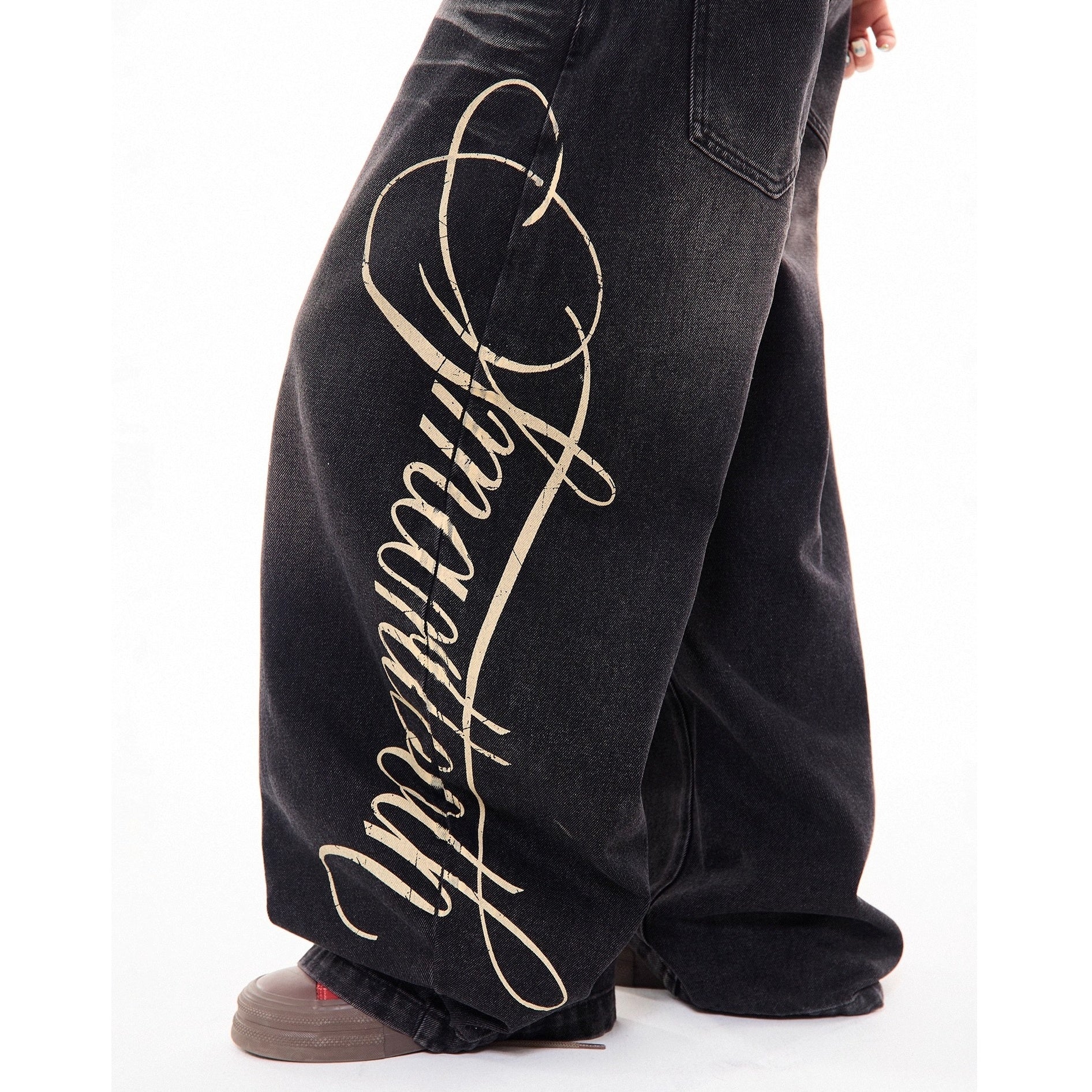 Side Print Washed Cat Whiskers Curve Jeans MW10259