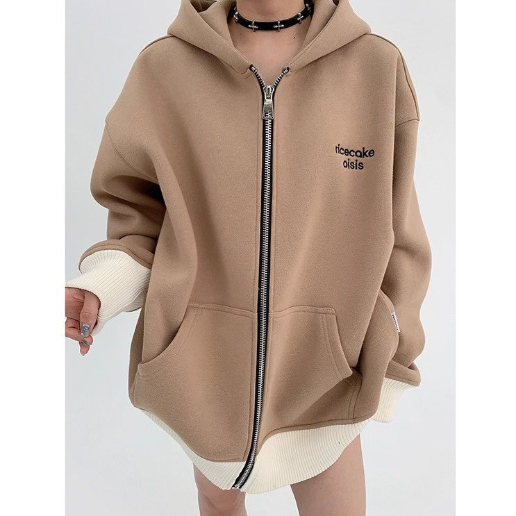 Contrast Embroidery Zip Hooded Jacket OS2043