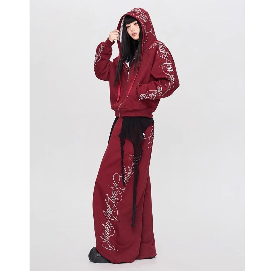 【上下別売り】Gothic Letter Embroidery Hooded Sweat Parka & Pants Set-up CB1001