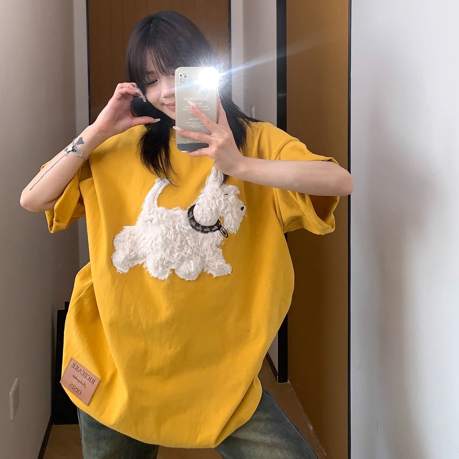Cartoon Plush Dog Embroidery Loose T-shirt OS2007