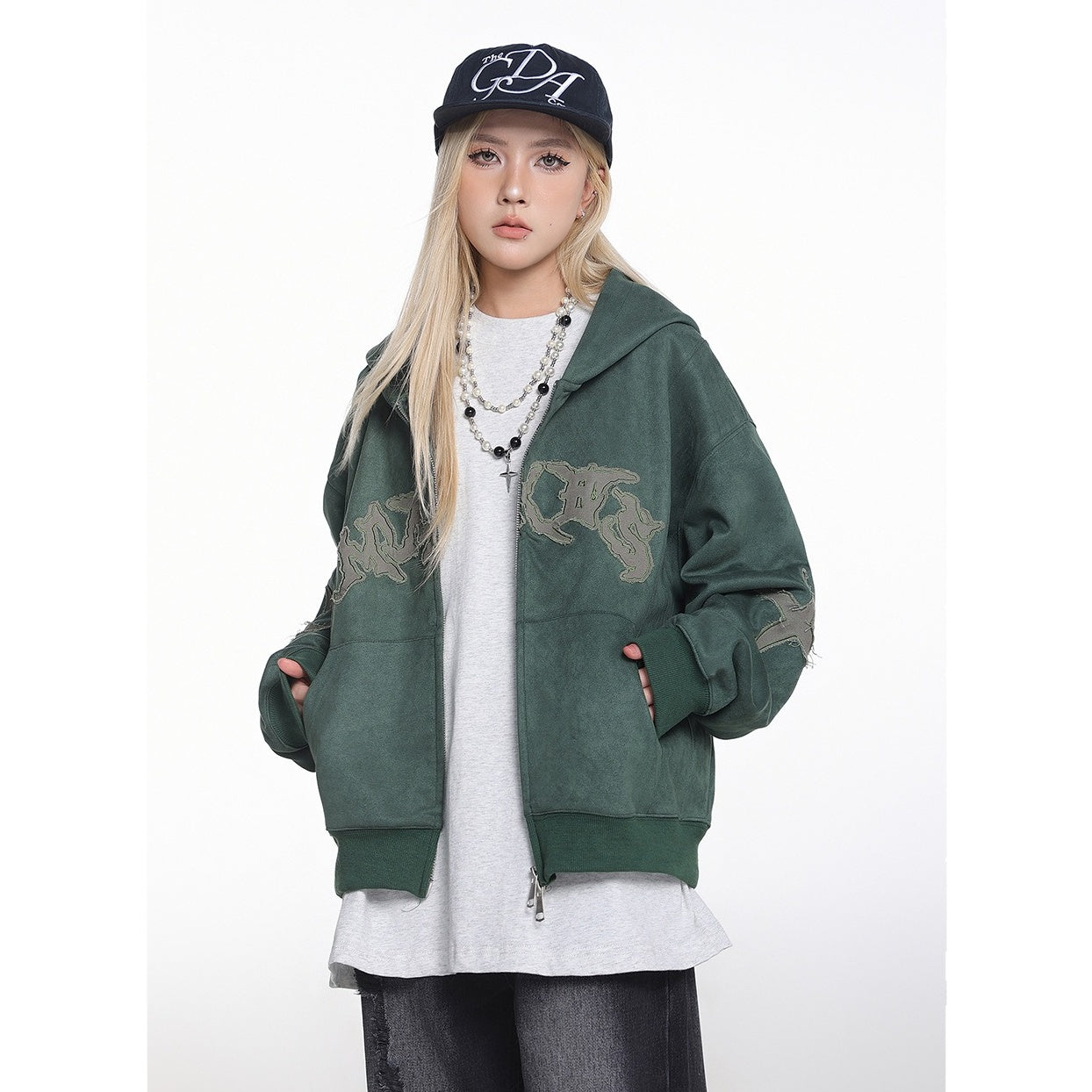 Embroidered Zipper Suede-Like Sweat Parka MW10391