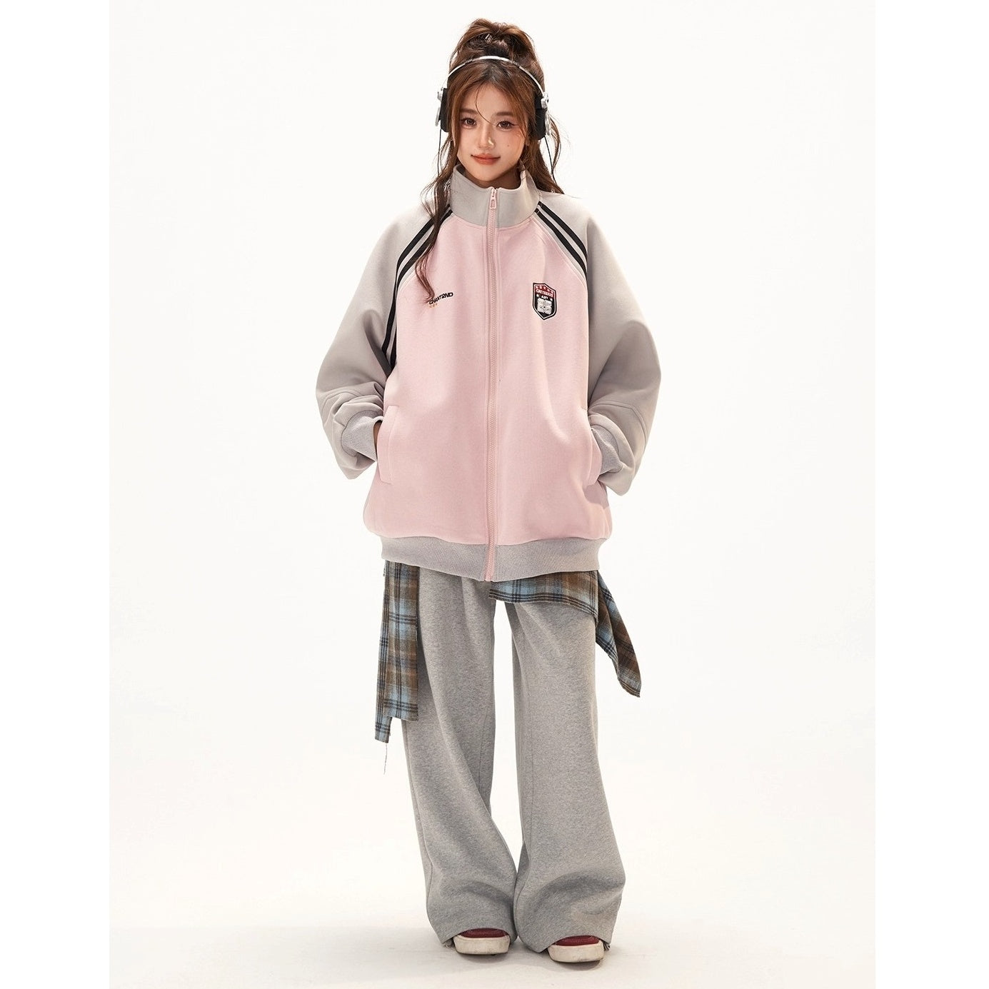 Stand-Collar Raglan Color-blocked Sweat Jacket CA7010