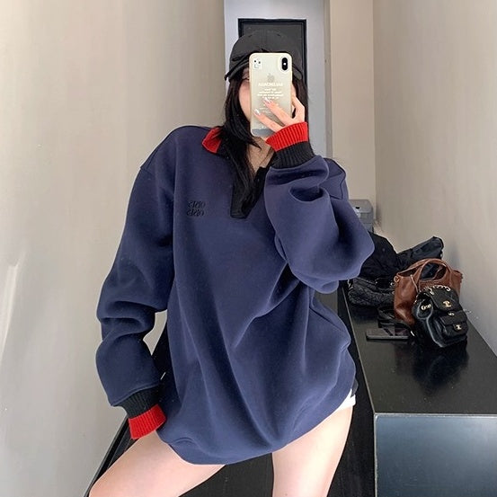 Contrast Polo Collar Loose Sweat OS2045