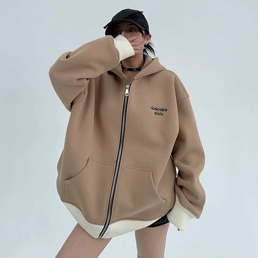 Contrast Embroidery Zip Hooded Jacket OS2043