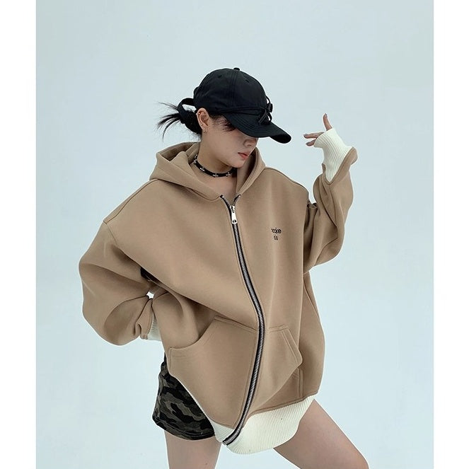 Contrast Embroidery Zip Hooded Jacket OS2043