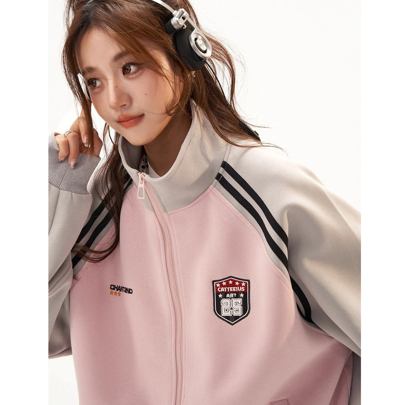 Stand-Collar Raglan Color-blocked Sweat Jacket CA7010