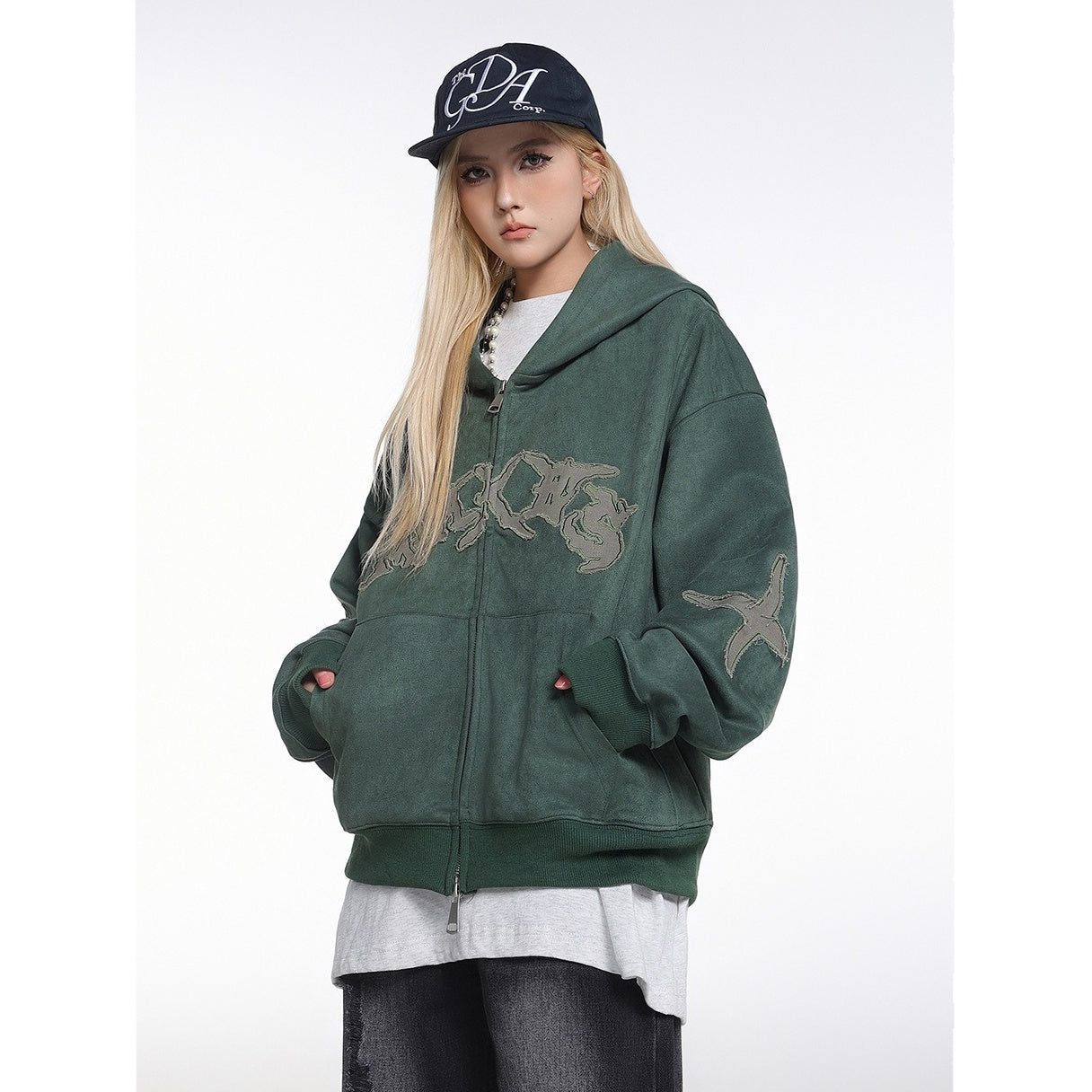 Embroidered Zipper Suede-Like Sweat Parka MW10391