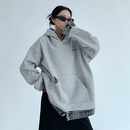 Contrasting Splicing Denim Hooded Sweat OS2056