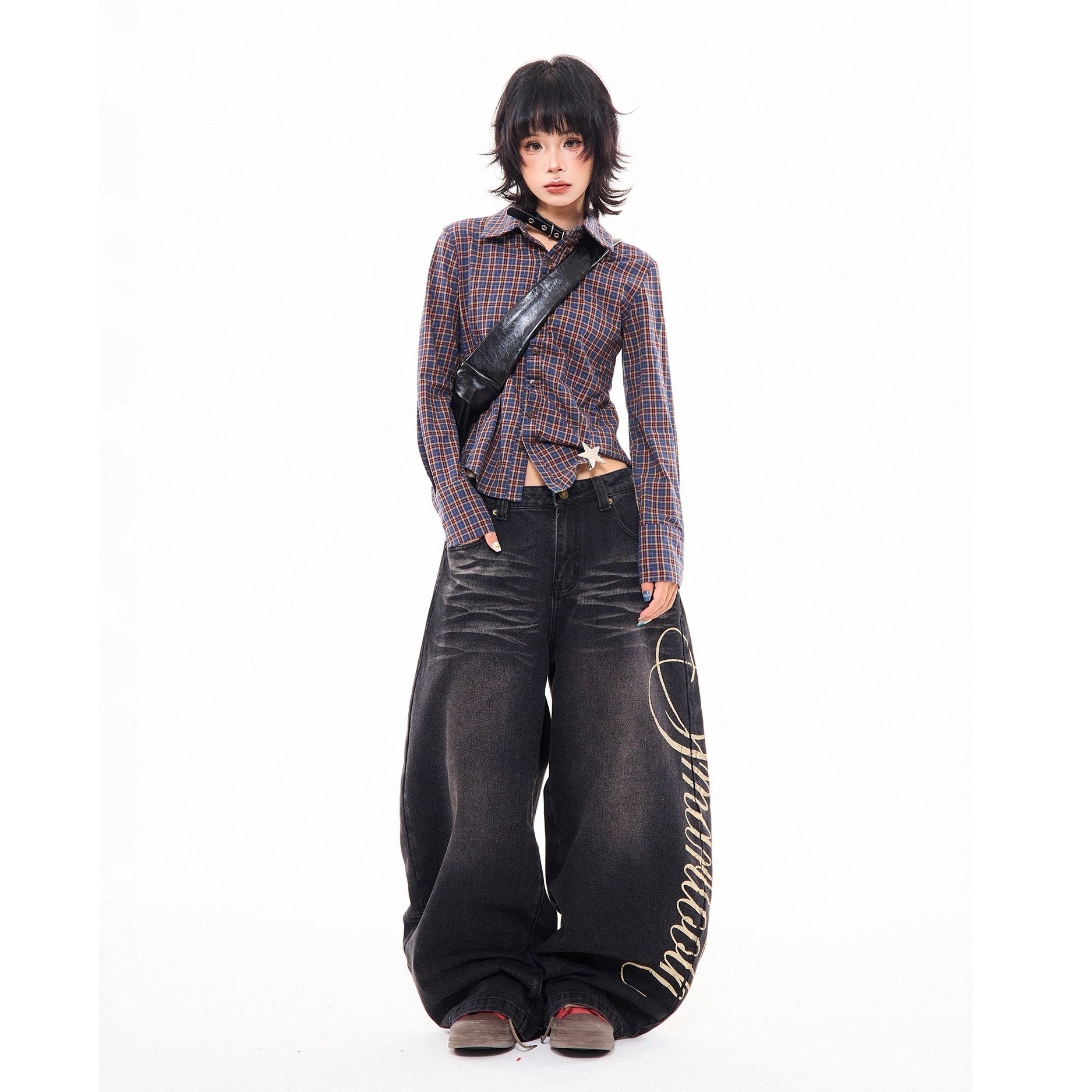 Side Print Washed Cat Whiskers Curve Jeans MW10259