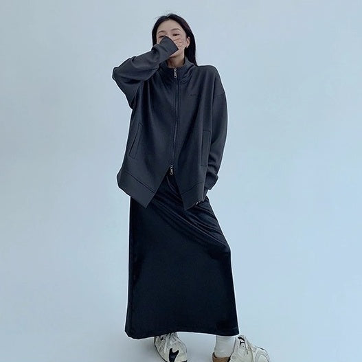 Double Zipper Stand Collar Loose Jacket OS2041