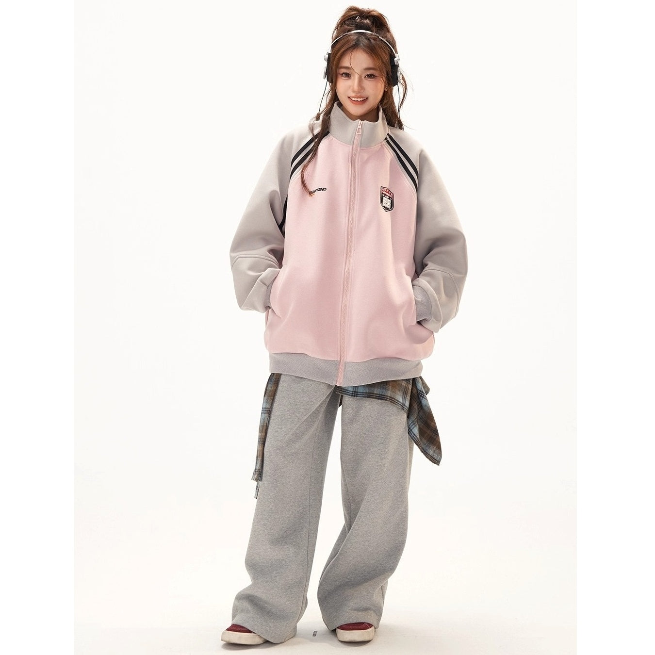 Stand-Collar Raglan Color-blocked Sweat Jacket CA7010