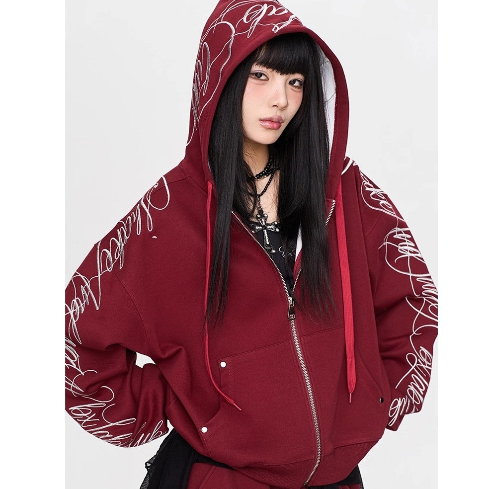 【上下別売り】Gothic Letter Embroidery Hooded Sweat Parka & Pants Set-up CB1001