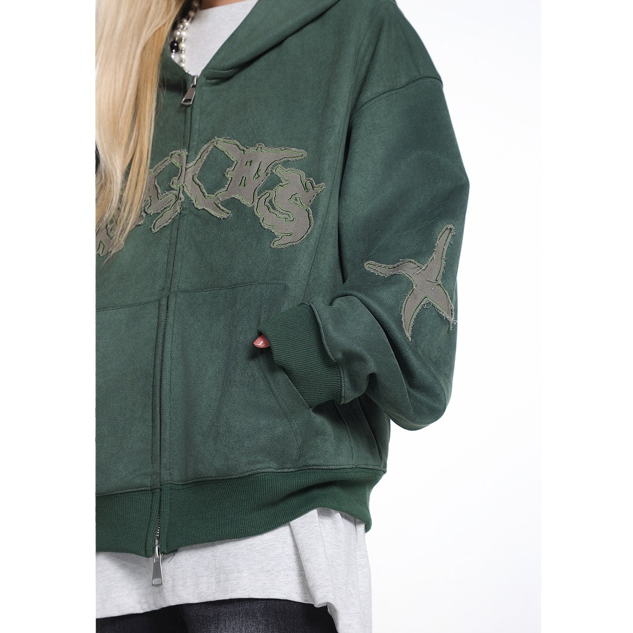 Embroidered Zipper Suede-Like Sweat Parka MW10391