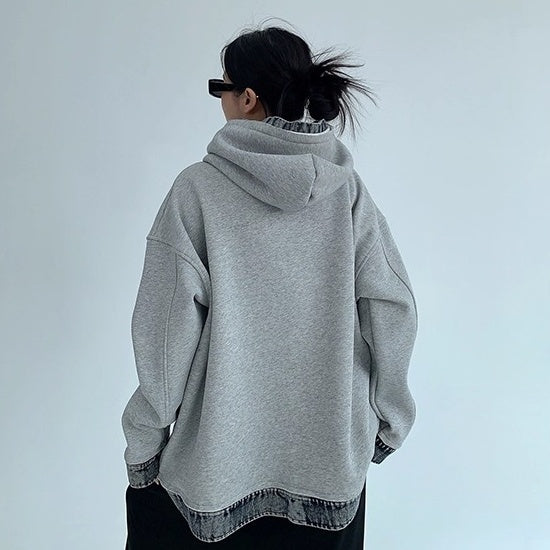 Contrasting Splicing Denim Hooded Sweat OS2056