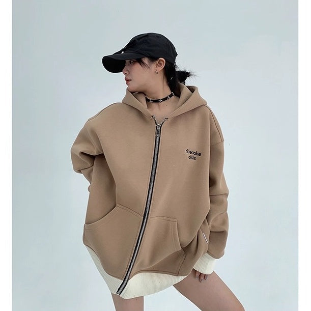 Contrast Embroidery Zip Hooded Jacket OS2043
