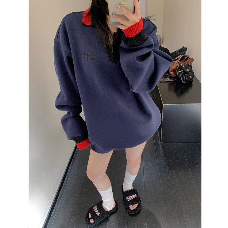 Contrast Polo Collar Loose Sweat OS2045