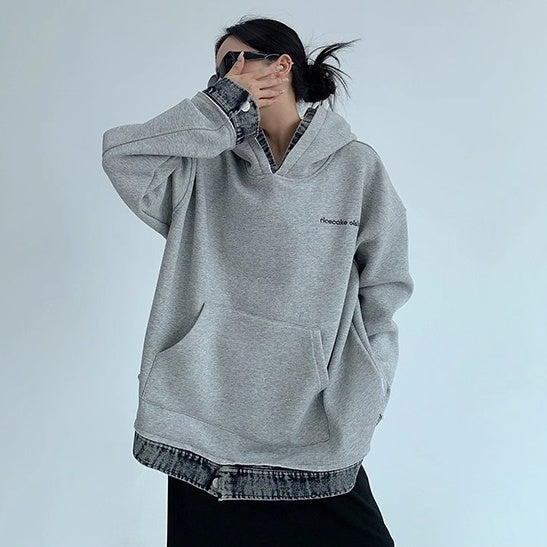 Contrasting Splicing Denim Hooded Sweat OS2056