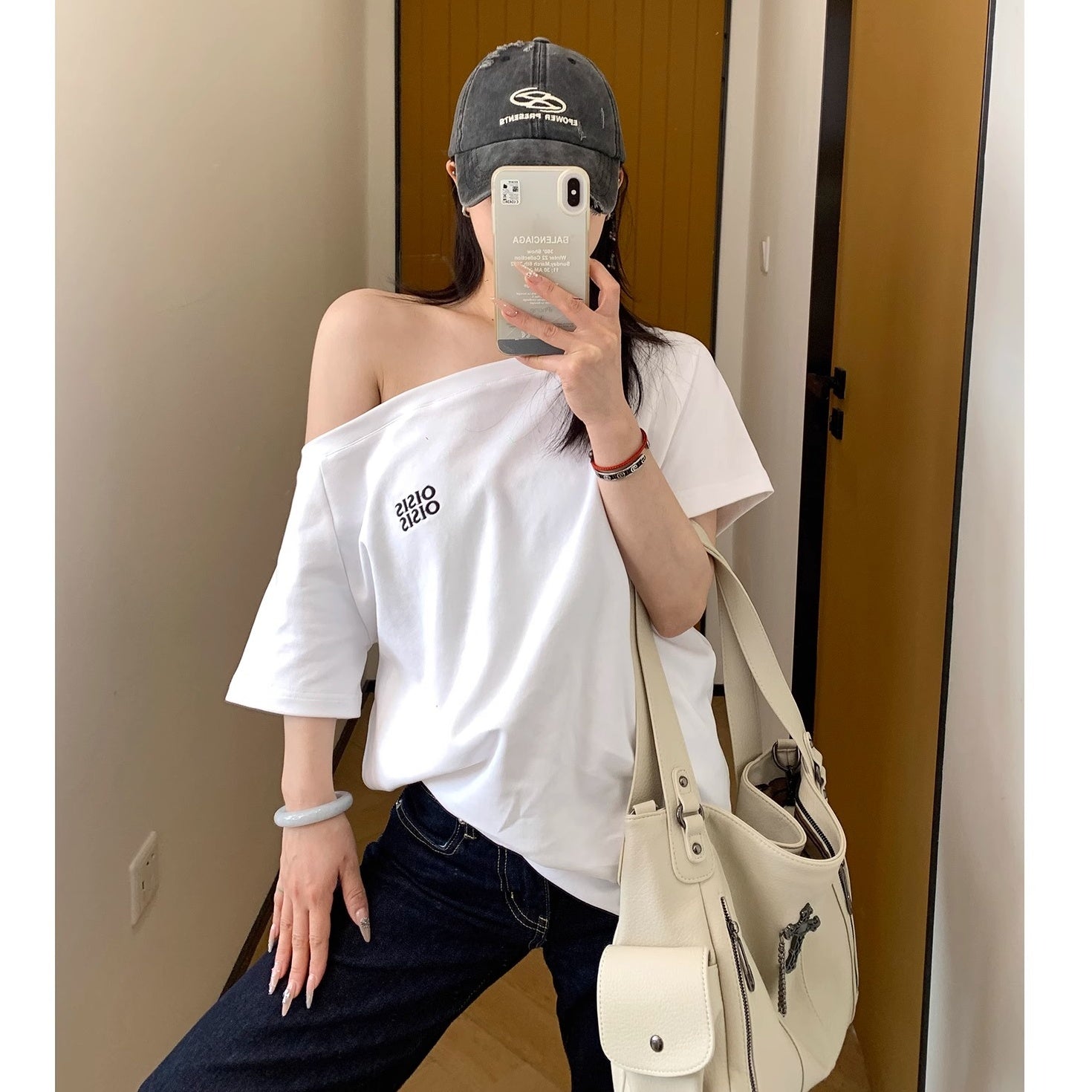 Cropped Slanted Shoulder Embroidered T-shirt OS2017