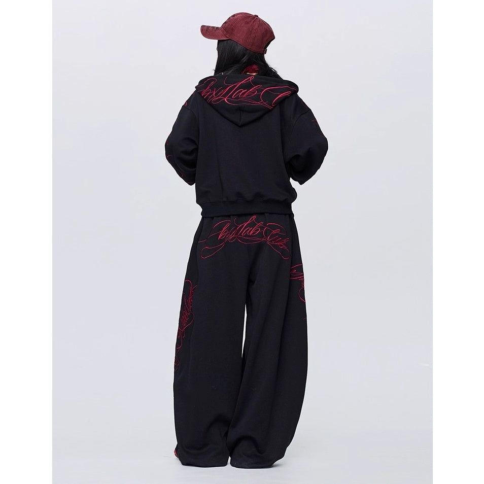 【上下別売り】Gothic Letter Embroidery Hooded Sweat Parka & Pants Set-up CB1001