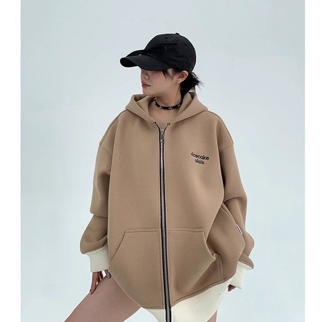 Contrast Embroidery Zip Hooded Jacket OS2043