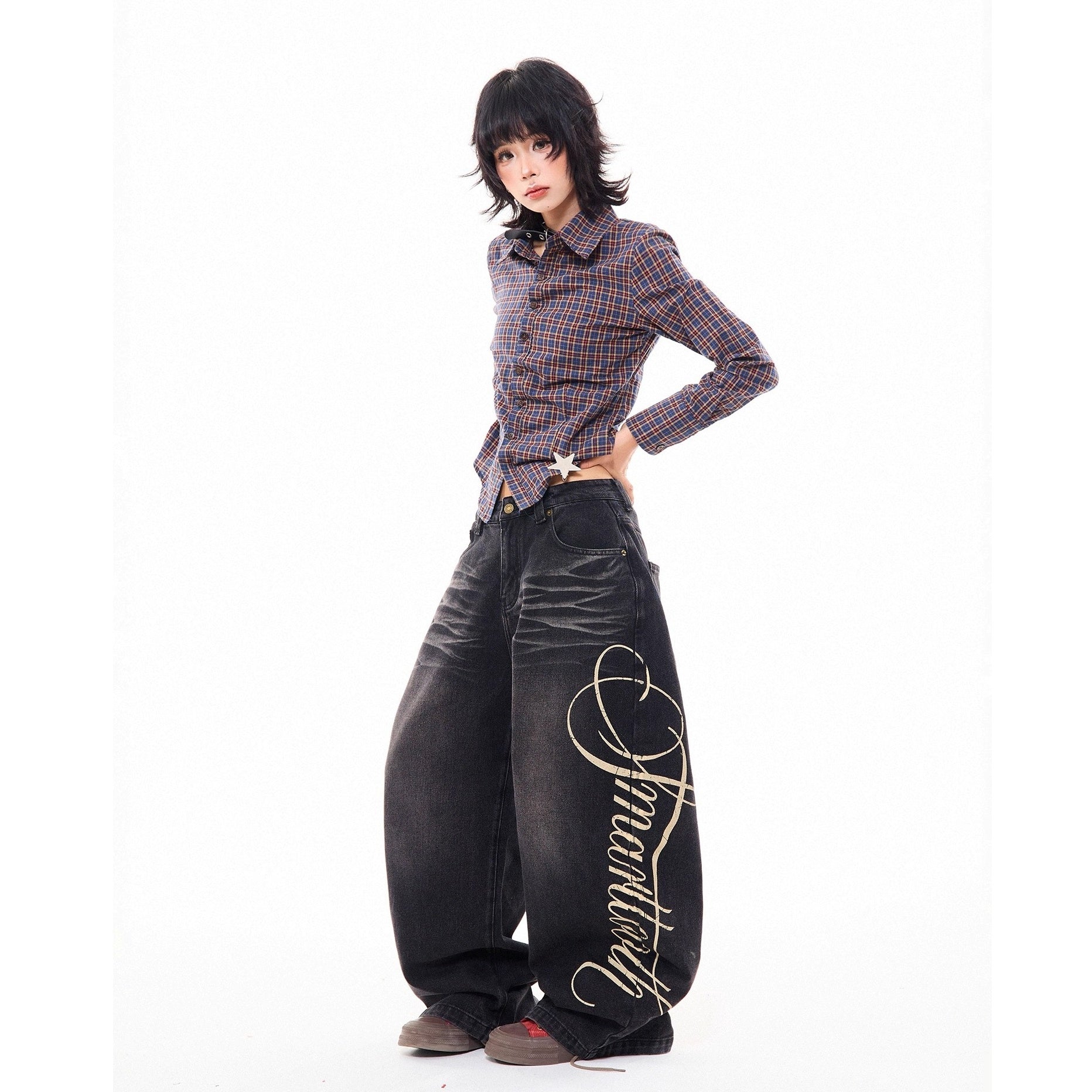 Side Print Washed Cat Whiskers Curve Jeans MW10259