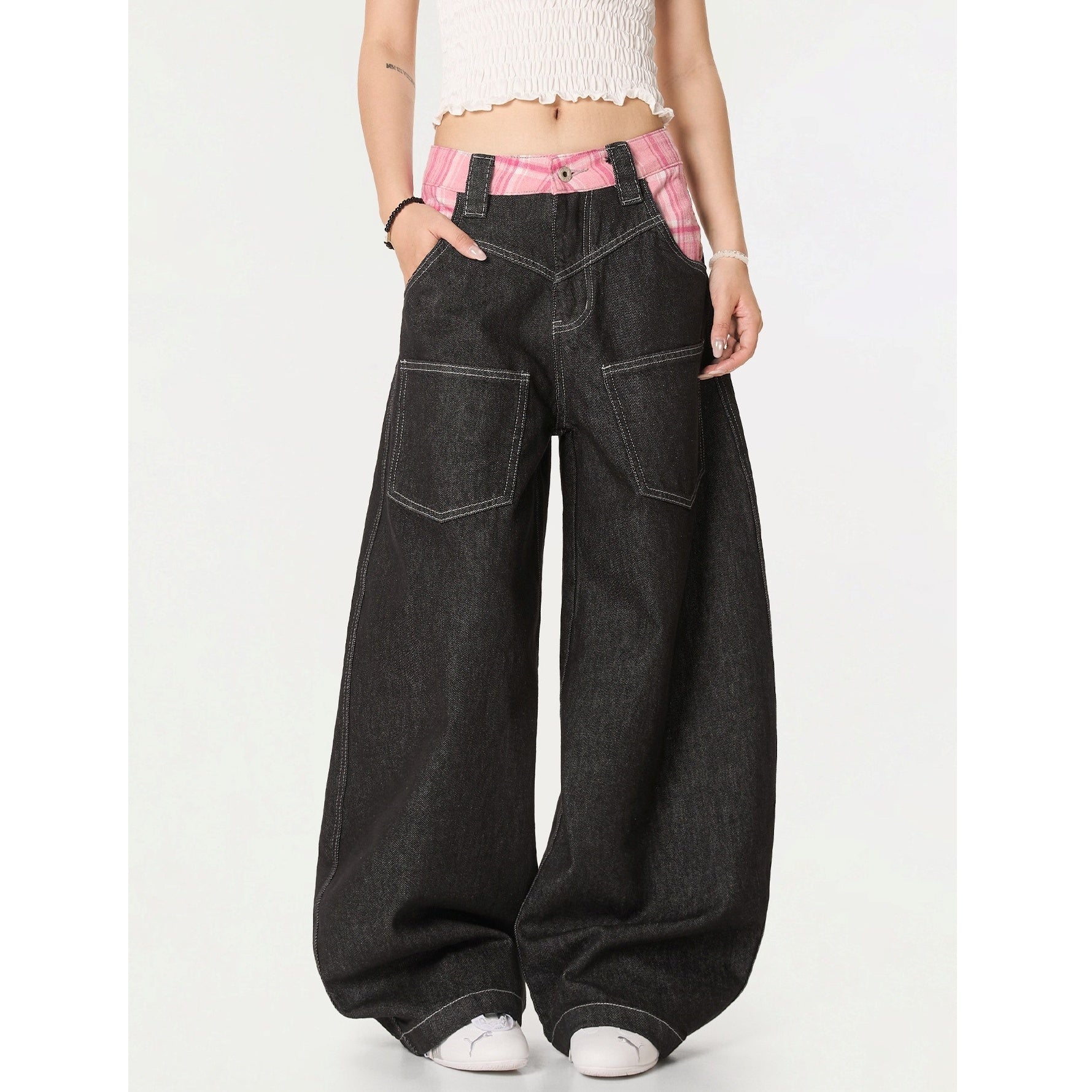 Check-panelled Curve Buggy Jeans MW10234