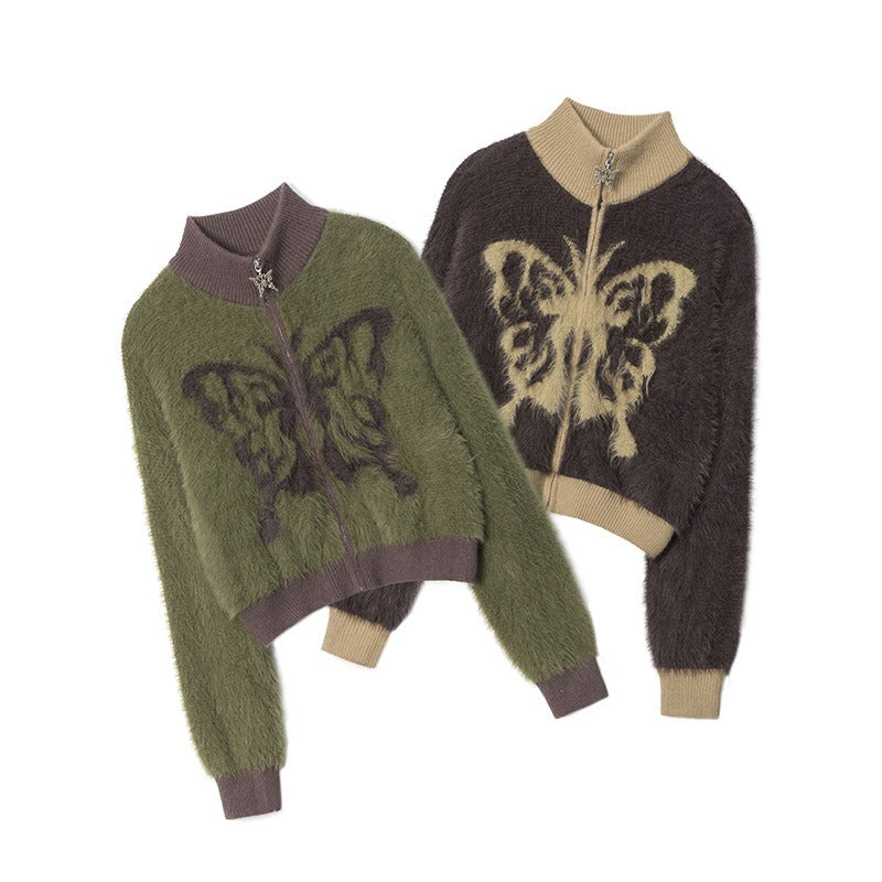 Stand Collar Butterfly Embroidered Cardigan NR7004